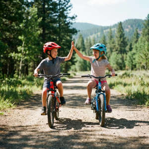 Two children high-fiving while sitting on small dirt bikes on a sunny woodland trail.