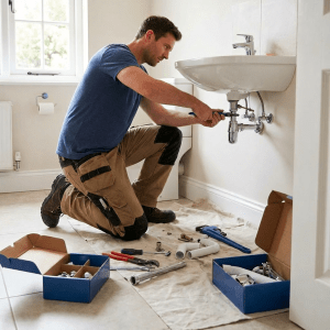 A plumber kneeling on the floor repairs pipes under a pedestal sink in a bathroom.
