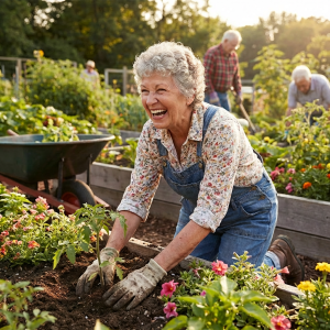 Joyful woman in overalls planting a seedling in a sunlit raised garden bed.